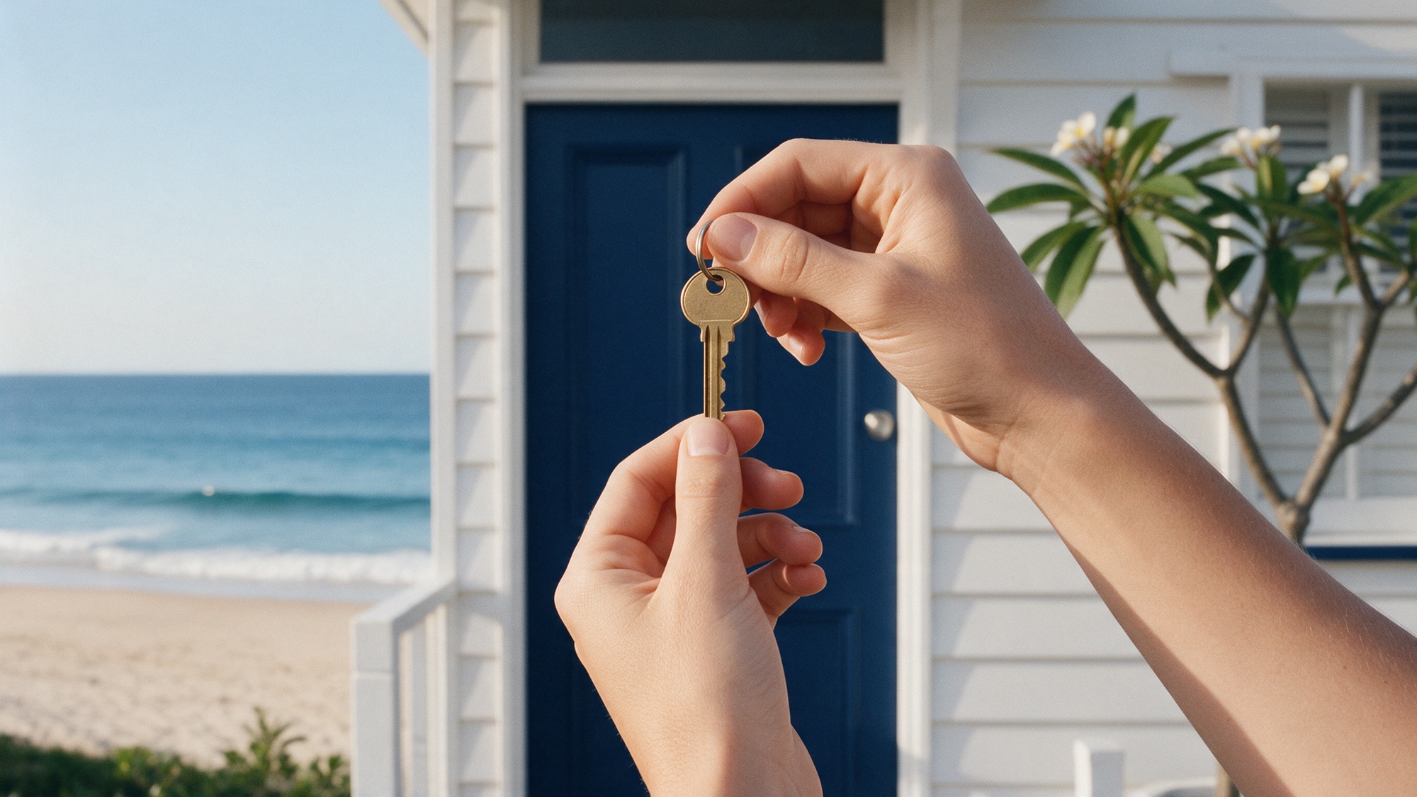 Hands holding a brass key in front of a navy front door.
